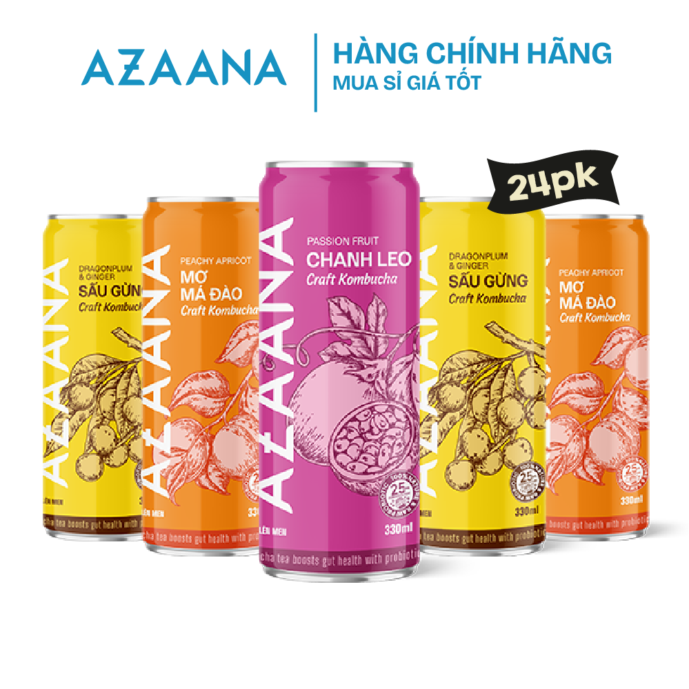 Thùng 24 lon trà Azaana KOMBUCHA mix vị (330ml/lon)