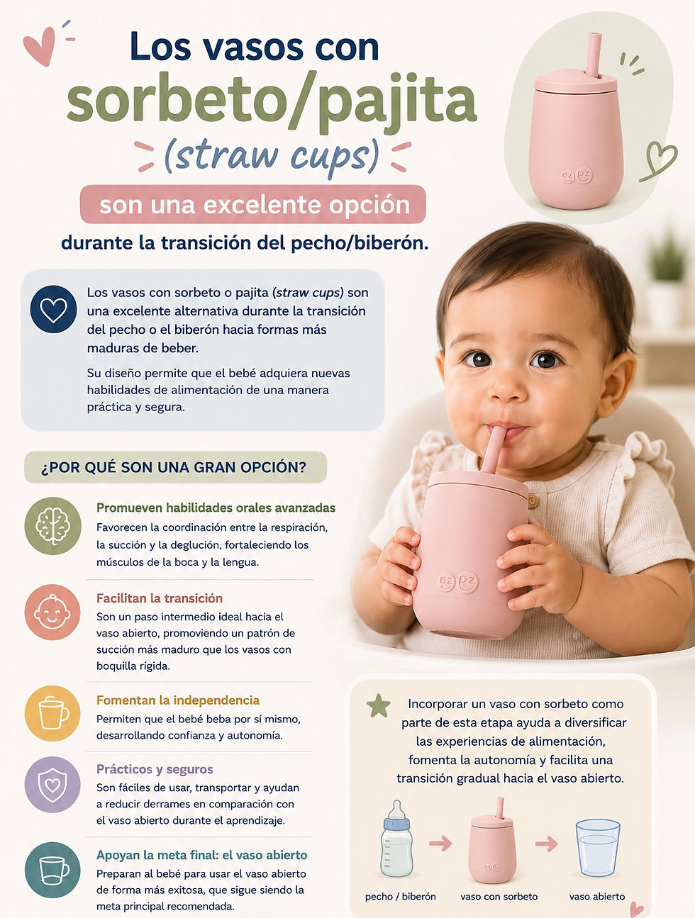 Los vasos con sorbeto/pajita (straw cups) son una excelente opción durante la transición del pecho/biberón