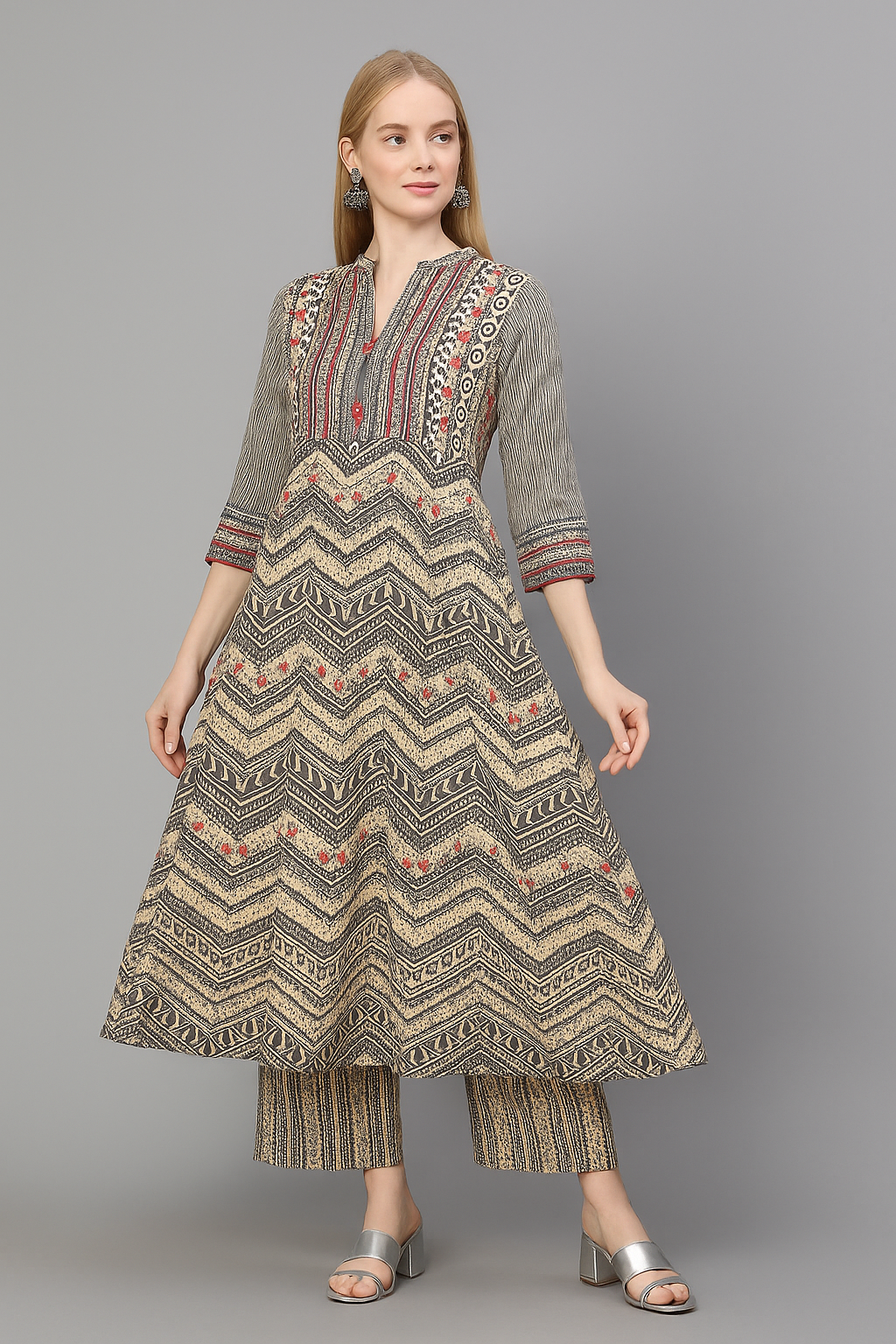 Ethnic Printed Anarkali Kurta Set with Palazzo – Beige & Black Pure Cotton