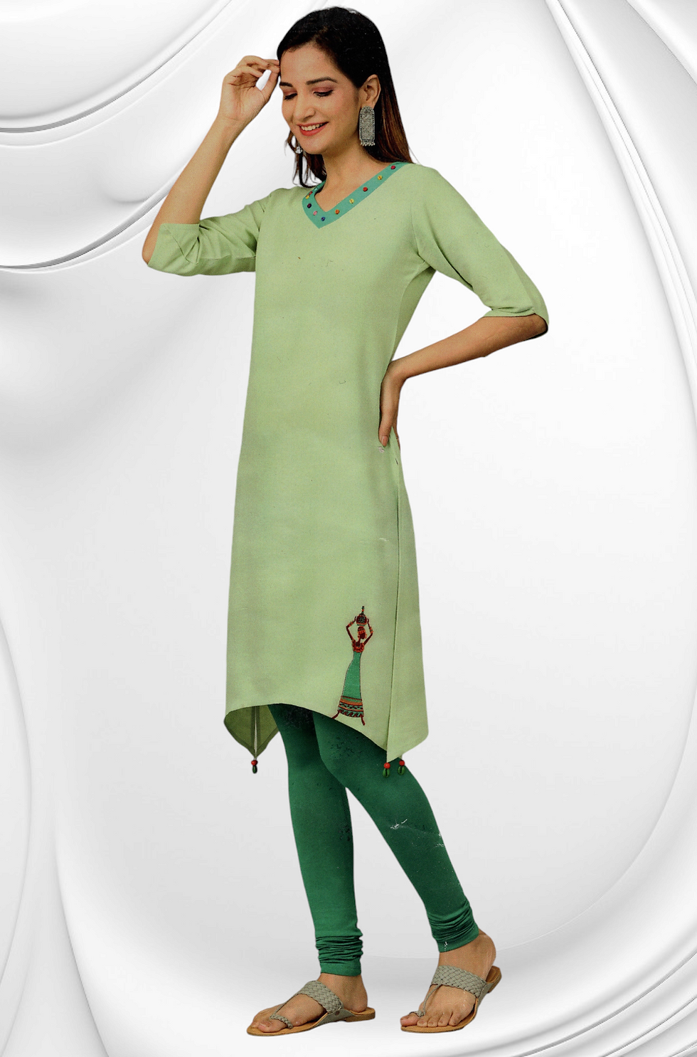 Green Designer Kurti With Embroidery