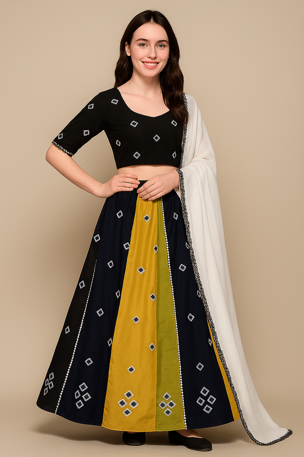 Thumbnail: Multicolor Panel Ghagra Choli Set with Black Crop Top and White Lace Dupatta
