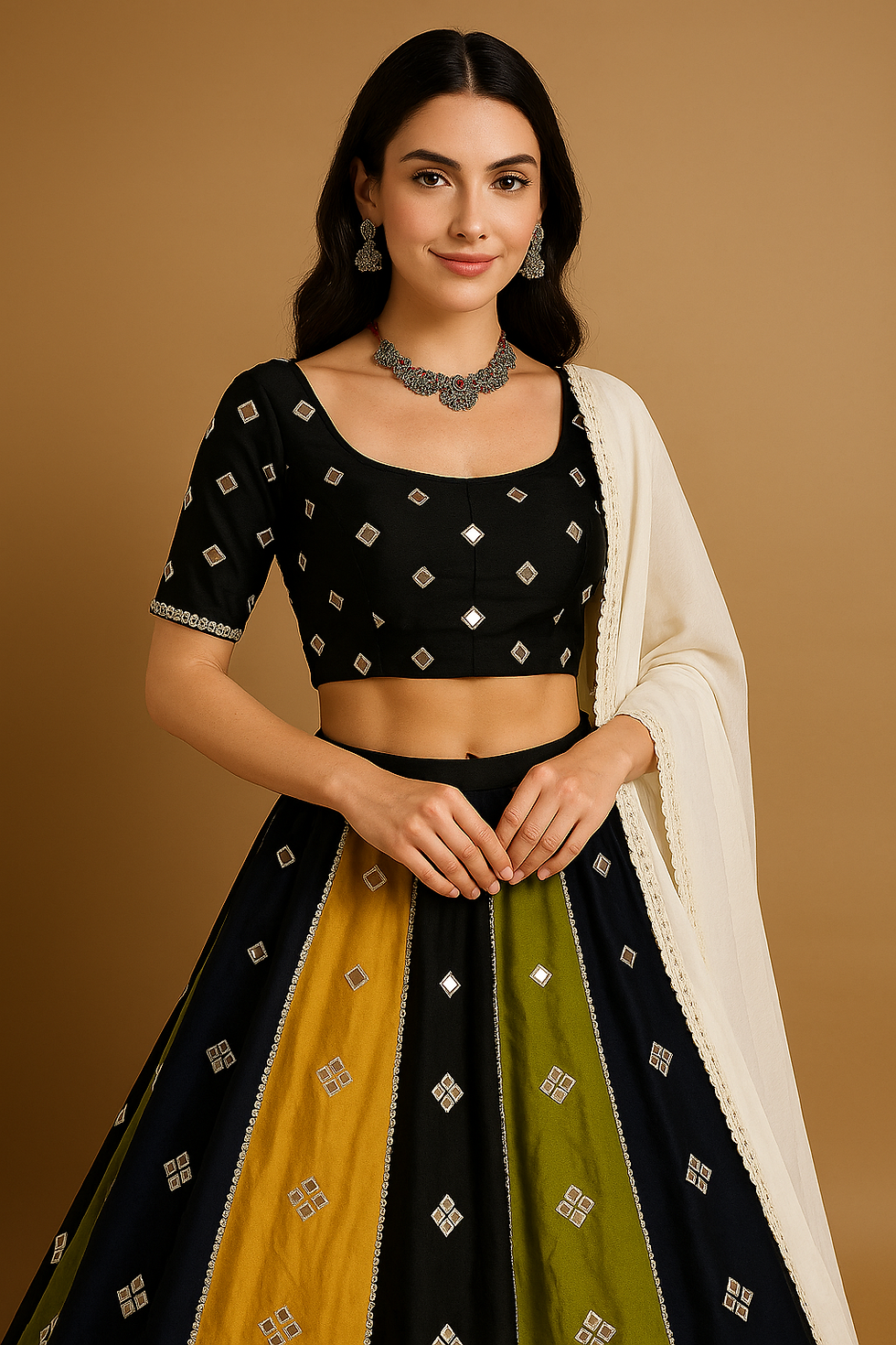 Thumbnail: Multicolor Panel Ghagra Choli Set with Black Crop Top and White Lace Dupatta