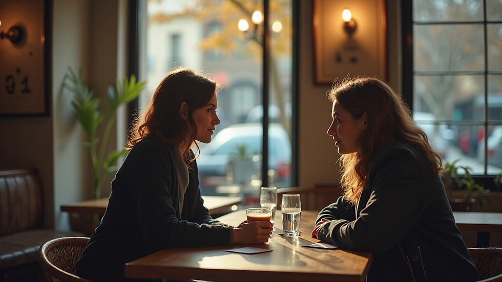 Close-up view of two people sitting at a café table, sharing a conversation