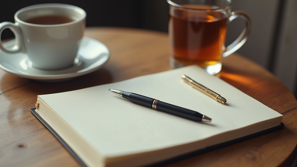 High angle view of a journal and pen beside a cup of tea on a wooden table