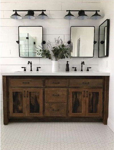 MODERN FARMHOUSE Must Have: Reclaimed Wood. Rustic industrial reclaimed oak bathroom vanity from Keeriah. More inspo and review at lovinglygray.com.