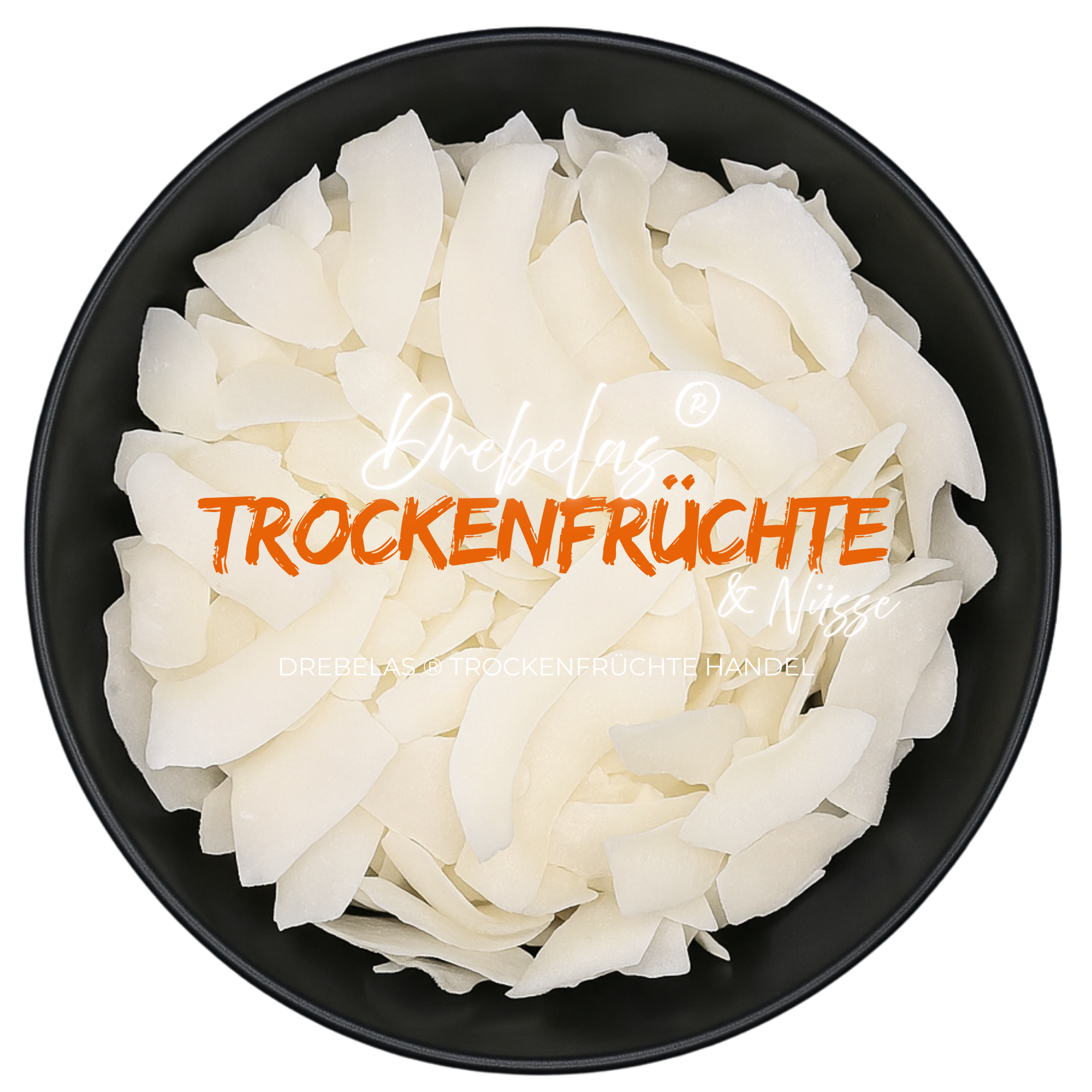 Getrocknete Kokoschips, naturbelassen in einer schwarzen Schale