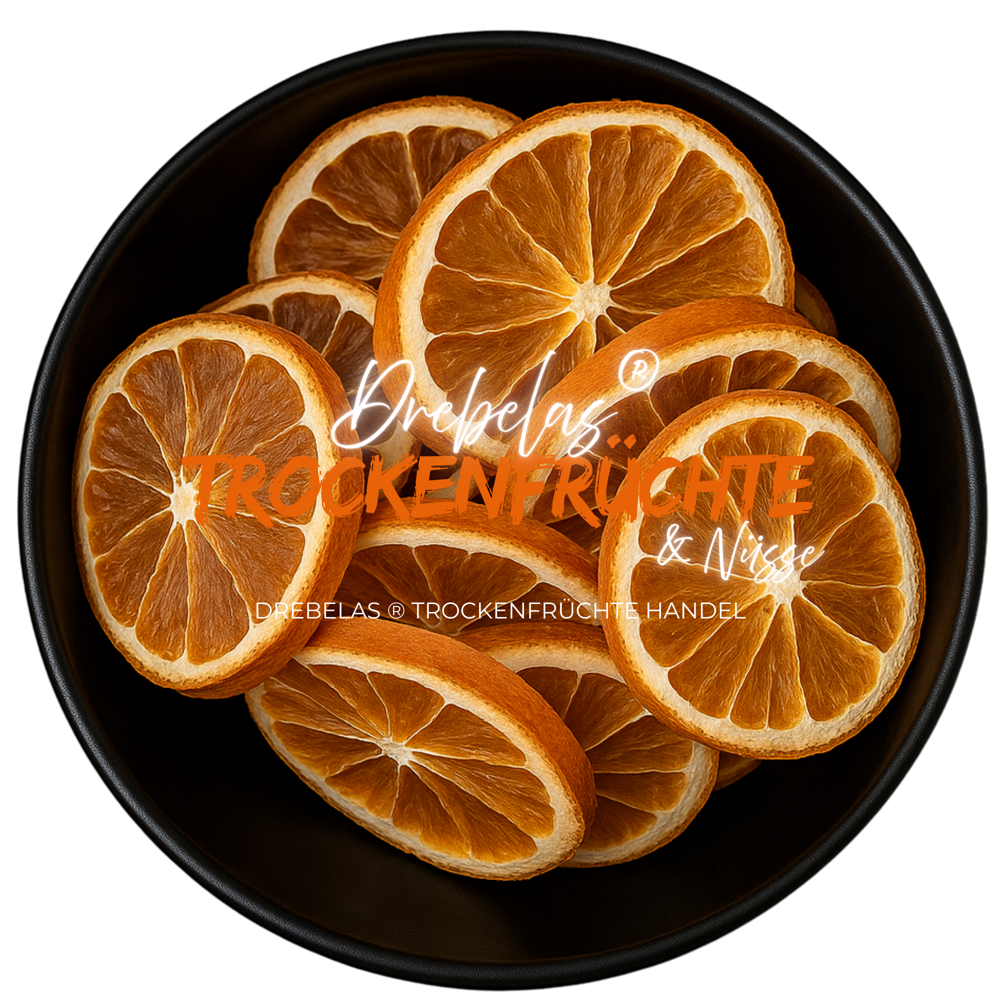 Getrocknete Orangenscheiben, naturbelassen in einer schwarzen Schale