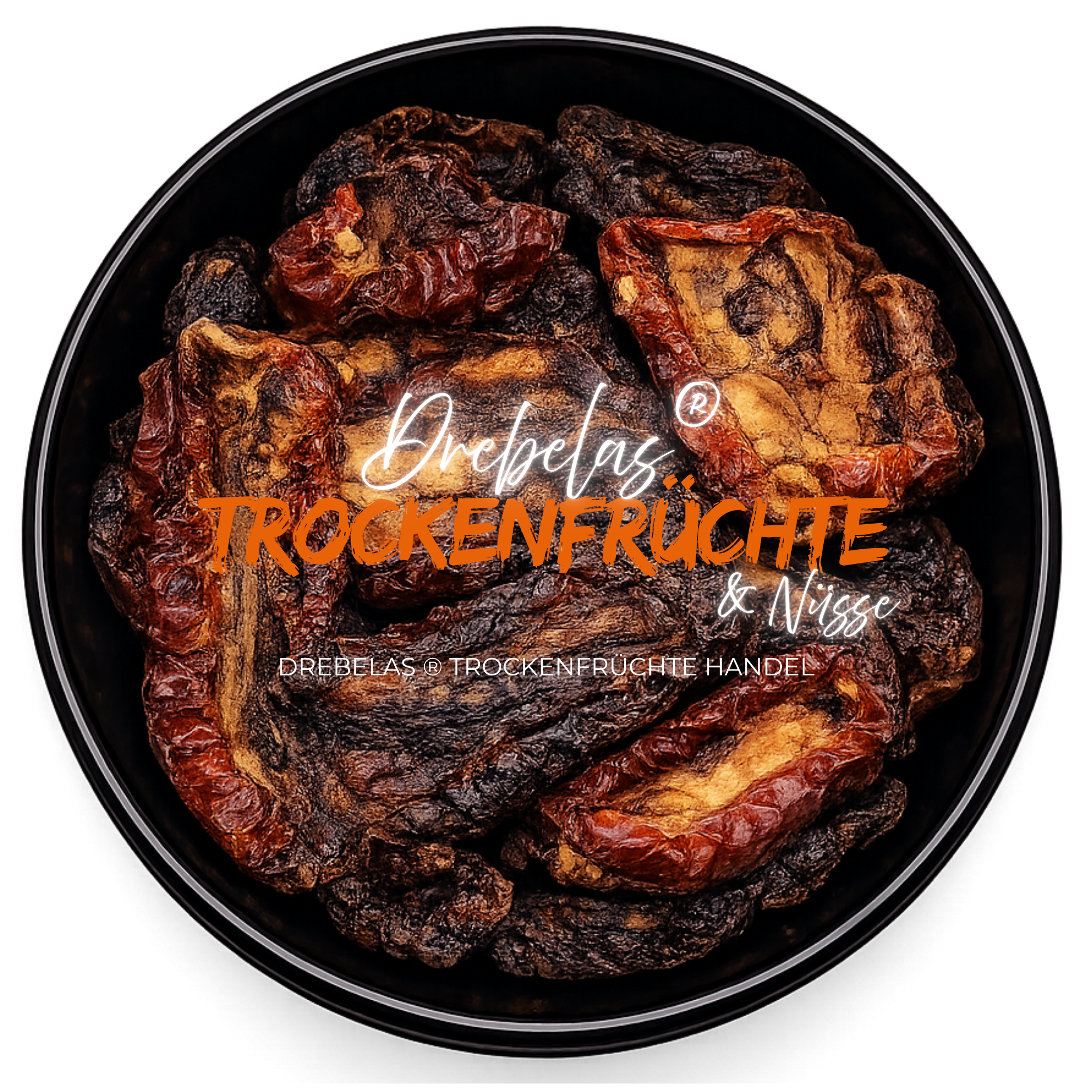 Getrocknete Tomaten XXL, naturbelassen, leicht gesalzen in einer schwarzen Schale