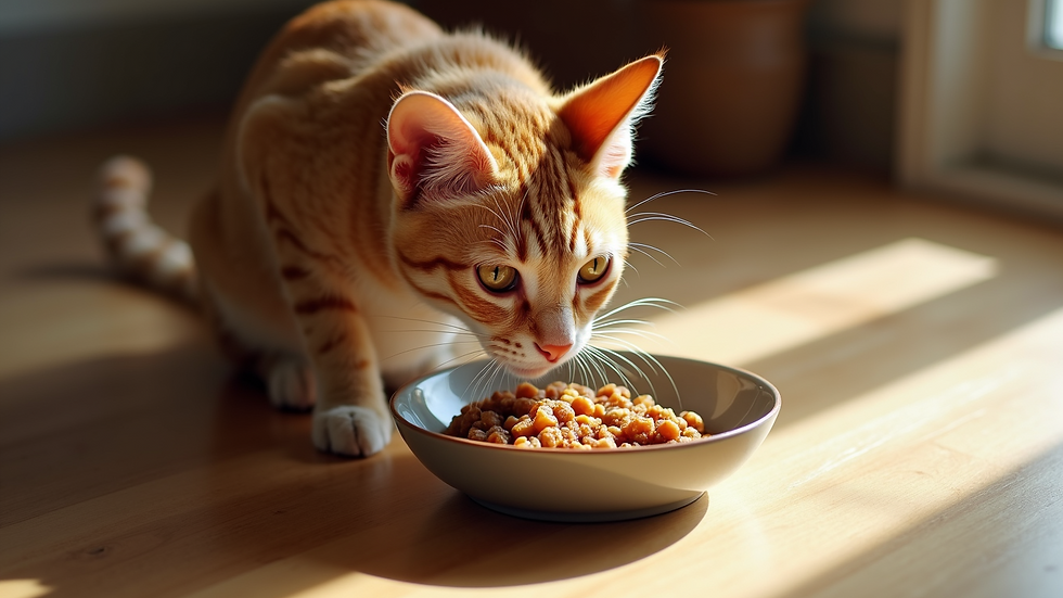 High angle view of a cat eating a small meal from a bowl