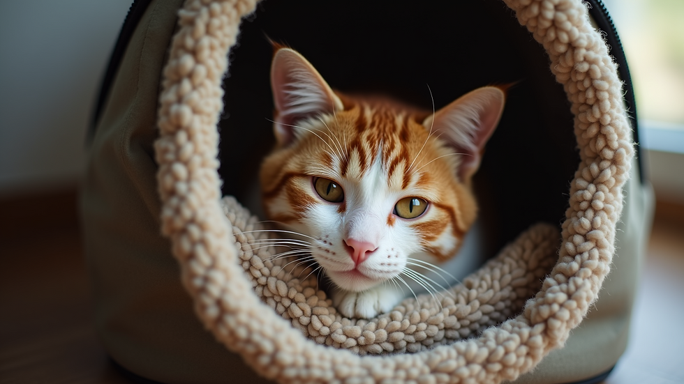 Eye-level view of a calm cat resting in a cozy carrier