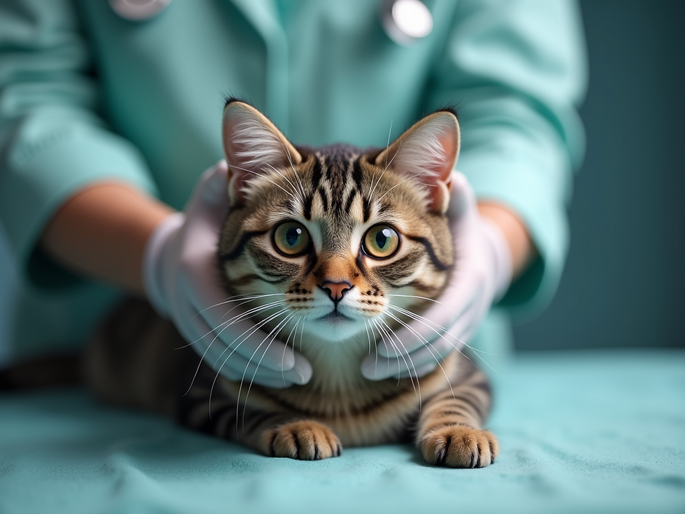 A tabby cat on a teal vet table, held gently by gloved hands in a teal coat, looking calm. Medical setting with a caring mood.