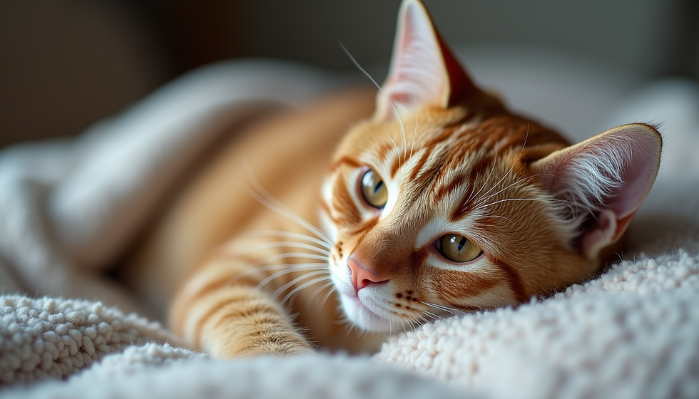 Orange cat laying on a white blanket with his eyes open