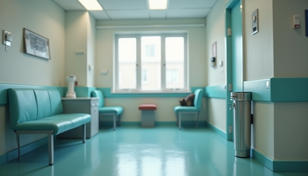 Empty hospital waiting room with teal benches, mint walls, and bright window light. A discarded clipboard lies on a seat. Calm atmosphere.