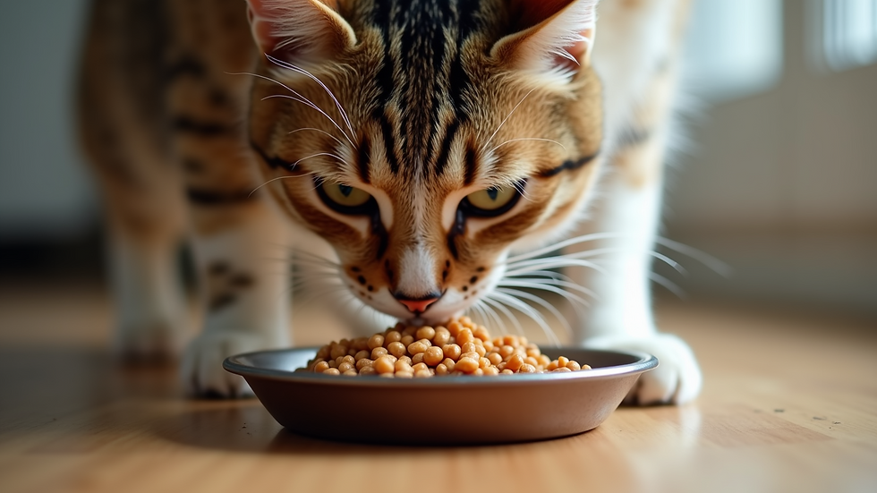Eye-level view of a cat eating wet food from a bowl