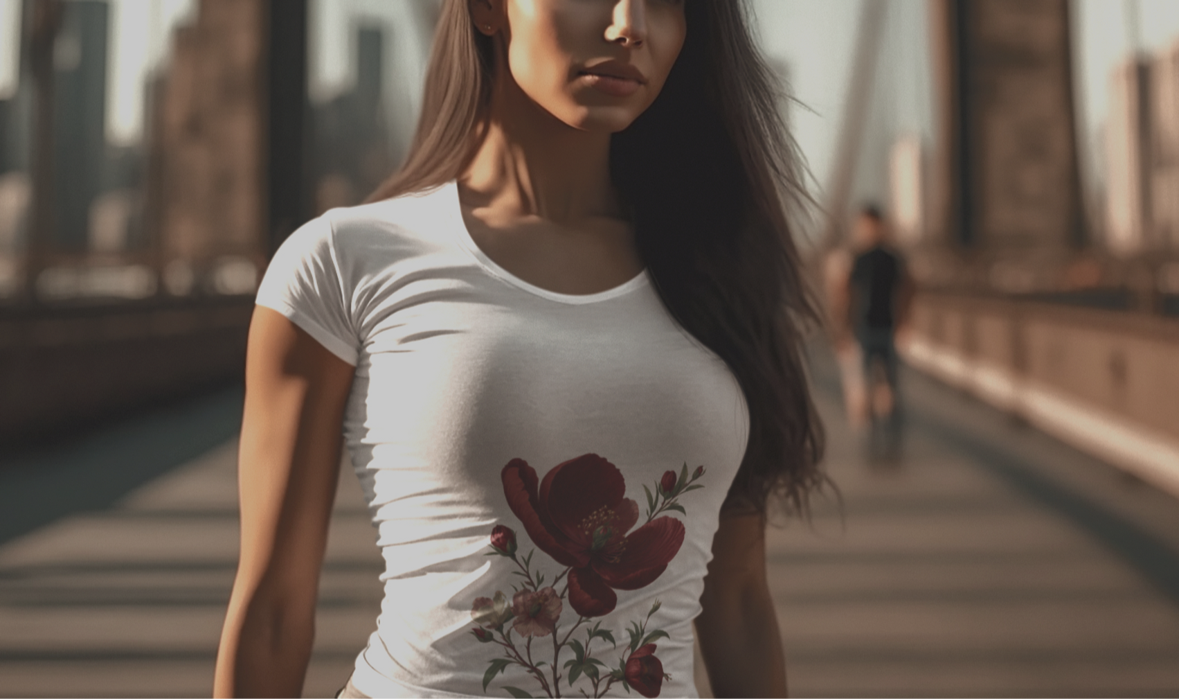 Un mannequin femme sur un pont avec un Tee Shirt floral