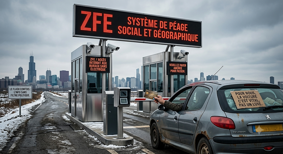 Une Peugeot 206 grise et rouillée, typique de la campagne, bloquée à une barrière de péage futuriste à l'entrée d'une grande ville. Le conducteur tend une carte bancaire depuis sa vitre. Un grand panneau lumineux au-dessus indique : ZFE - Système de péage social et géographique. Un écran plus petit affiche : Veuillez payer amende pour passer. Sur la lunette arrière de la voiture, un carton est scotché avec l'inscription : Pour nous, la voiture c'est vital, pas un luxe. À gauche, un panneau indique : Le Flash Comtois, l'info sans filtre politique. Illustration dénonçant l'exclusion des ruraux par les Zones à Faibles Émissions.
