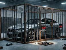 ne voiture moderne haut de gamme enfermée dans une cage en fer rouillée à l'intérieur d'un centre de données. Des panneaux affichent des prix en euros pour débloquer les sièges chauffants ou le freinage. Au sol, des souris d'ordinateur et des manettes de jeu sont piégées dans des pièges à loup. Sur la cage, une pancarte indique : Le Flash Comtois, l'info sans filtre tech. Illustration sur l'arnaque des abonnements obligatoires et la fin de la propriété numérique.