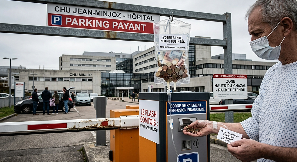 Une illustration conceptuelle dénonçant le parking payant du CHU Jean-Minjoz à Besançon. Au premier plan, un horodateur déguisé en perfusion médicale géante pompe des pièces de monnaie et des billets depuis le portefeuille d'une patiente âgée en fauteuil roulant. La barrière du parking est fermée. Un grand panneau lumineux à l'entrée de l'hôpital affiche : CHU Jean-Minjoz - Votre santé, notre business - Racket sur le stationnement. En arrière-plan, les bâtiments de l'hôpital. Logo : Le Flash Comtois, l'info sans filtre local. Image satirique sur le coût du stationnement pour les malades.