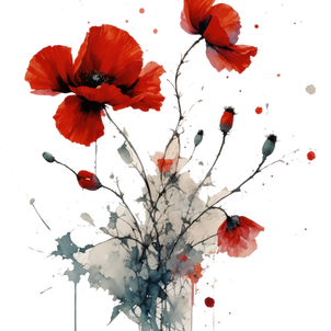 T-shirt femme blanc coton premium avec illustration de coquelicots rouges en aquarelle, agrémentée de projections de peinture noires et rouges de style contemporain.