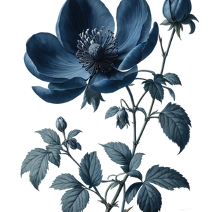 T-shirt femme blanc coton premium avec illustration botanique détaillée Art-6 d'un pavot bleu ouvert avec ses boutons et ses feuilles gris-bleu.