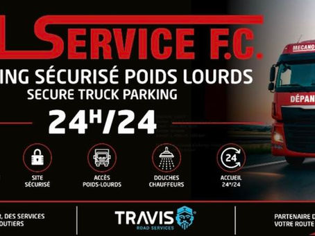 Visuel parking sécurisé poids lourds M Service F.C 24h/24 vidéosurveillance douches chauffeurs accueil services routiers partenariat TRAVIS Road Services camion rouge Mecano Service F.C