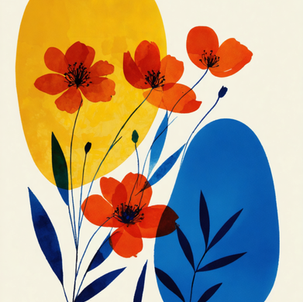 : T-shirt femme blanc coton premium avec illustration artistique Art-5 montrant des fleurs rouges stylisées devant des formes ovales jaune soleil et bleu profond.