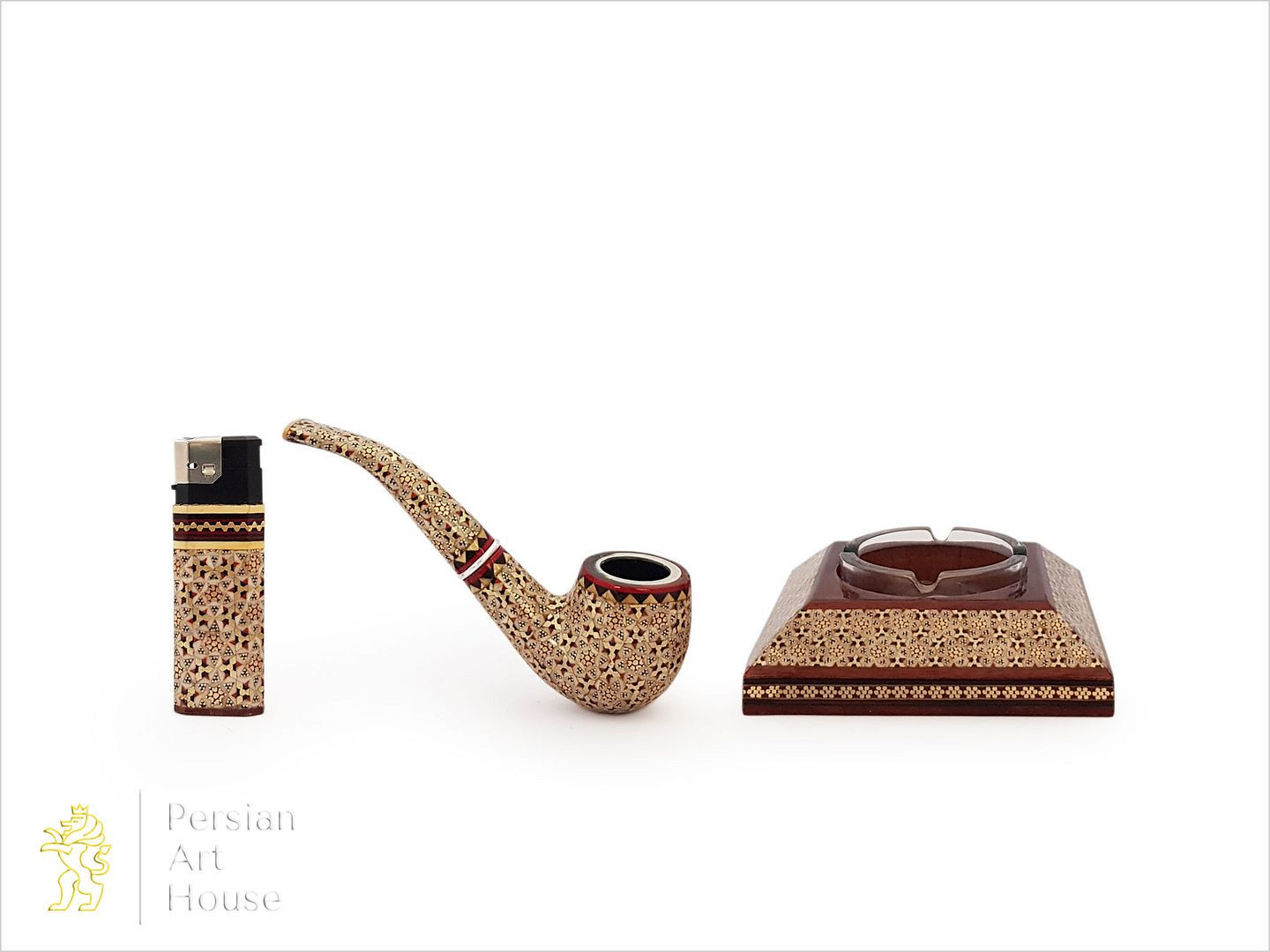 Khatam Kari Package Of Tobacco Pipe, Lighter And Ashtray
