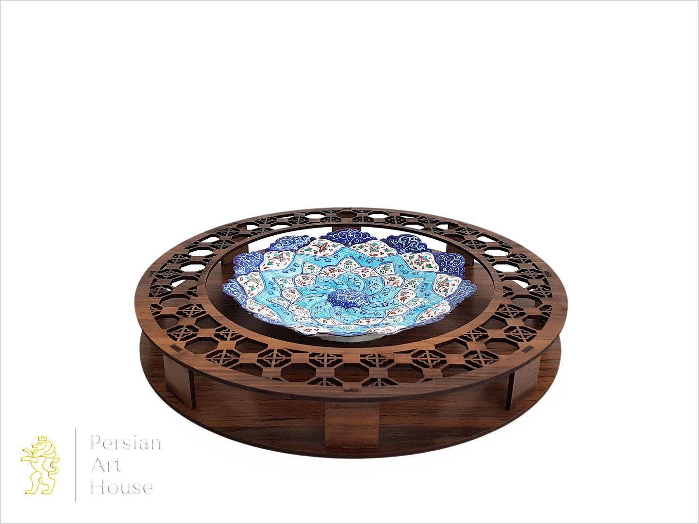 16 Cm Mina Kari Decorative Plate Of Isfahan With A Round Wooden Decorative Frame