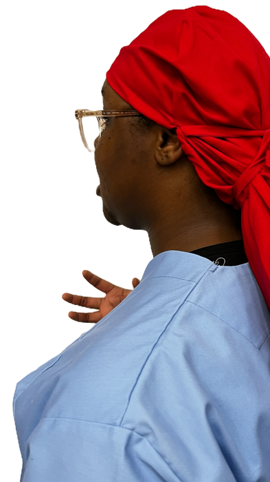 A nurse wearing an Eco Ninjas XL Braided hat with Name & Role Badge, Side View