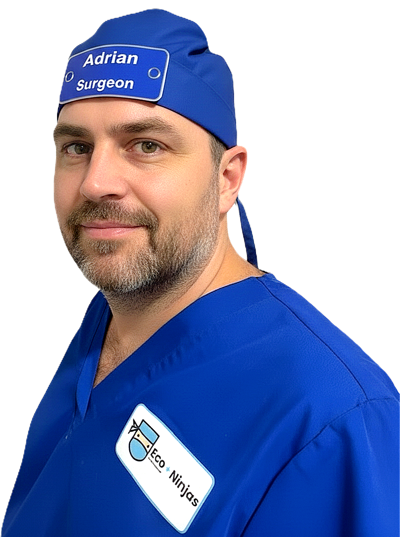 Surgeon wearing Eco Ninjas badge hat