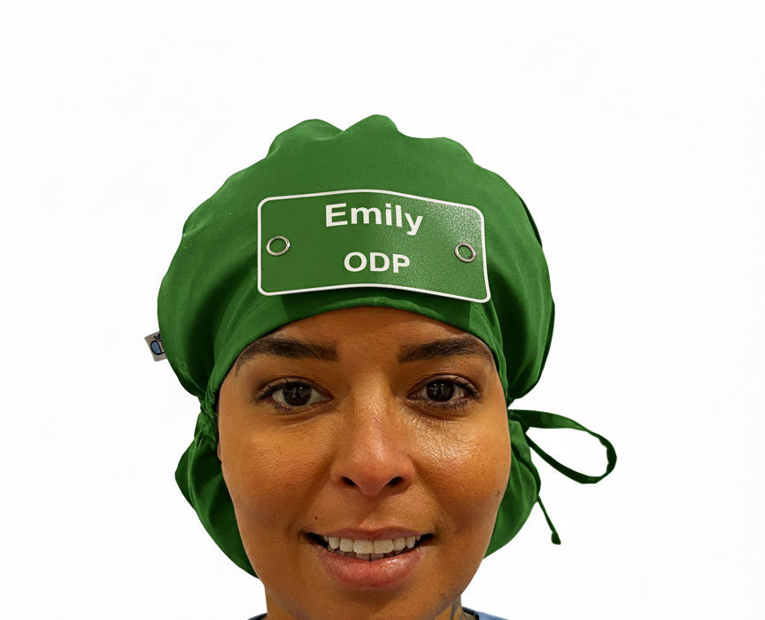 A nurse wearing Eco Ninjas Badge Hats, Braid Style