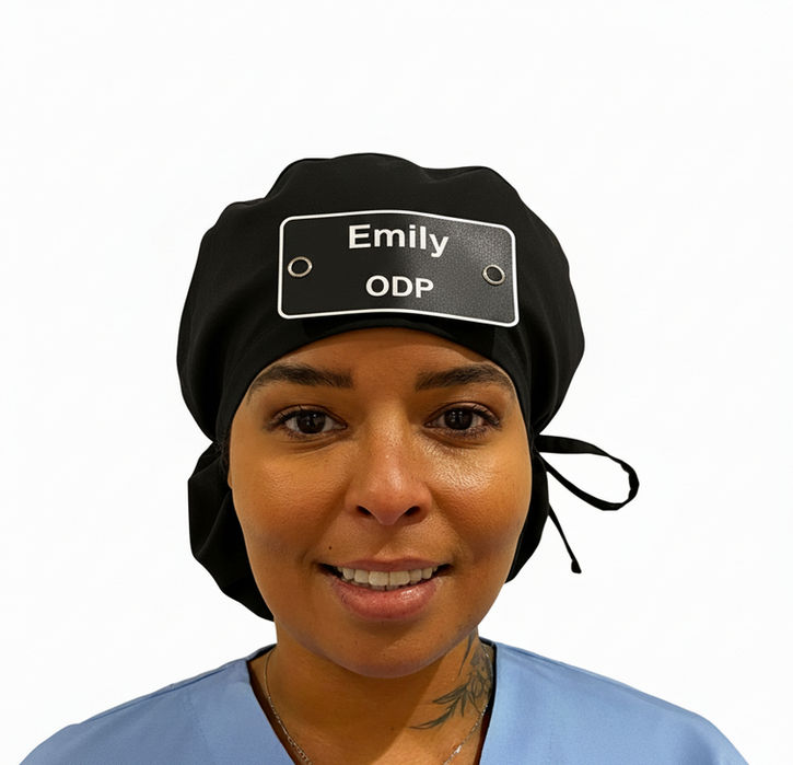 A nurse wearing Eco Ninjas Badge Hats, Braid Style