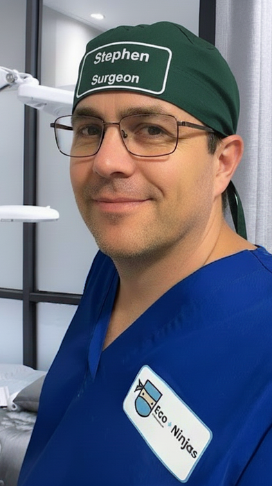 Surgeon wearing Eco Ninjas name and role Bandana badge hat