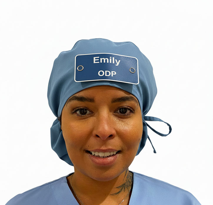 A nurse wearing Eco Ninjas Badge Hats, Braid Style