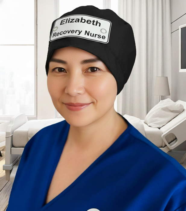A nurse wearing Eco Ninjas Elastic Back name and role badge hat.