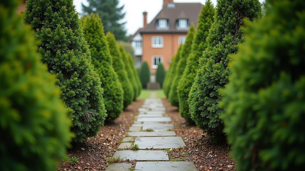 Eye-level view of a traditional UK garden with stone path and evergreen shrubs