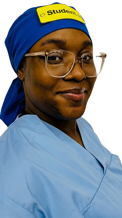 A nurse wearing an Eco Ninjas XL Braided hat with Name & Role Badge, 
