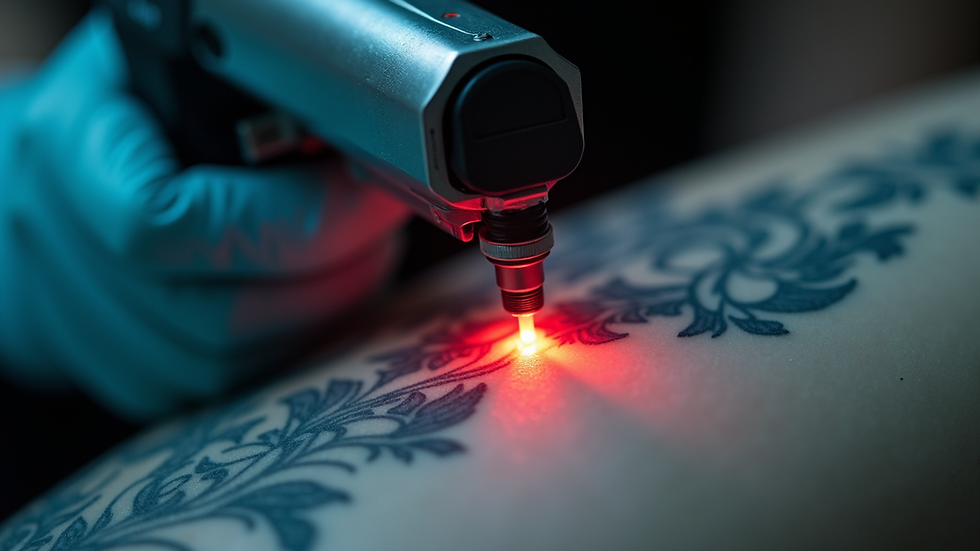 Close-up view of laser device targeting tattooed skin