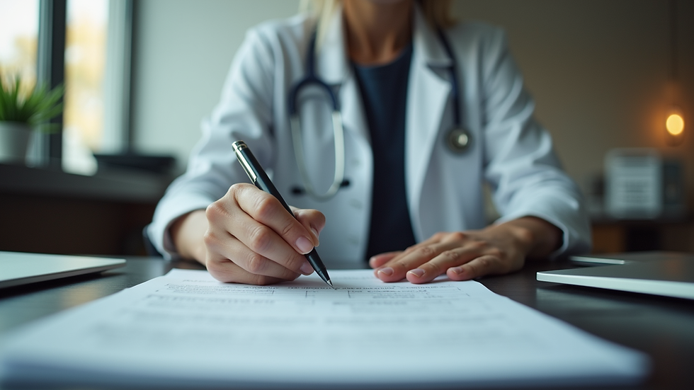 Eye-level view of a healthcare executive sitting at a desk with coaching notes