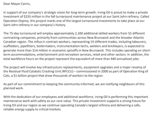 Notice re: Irving Oil Turnaround