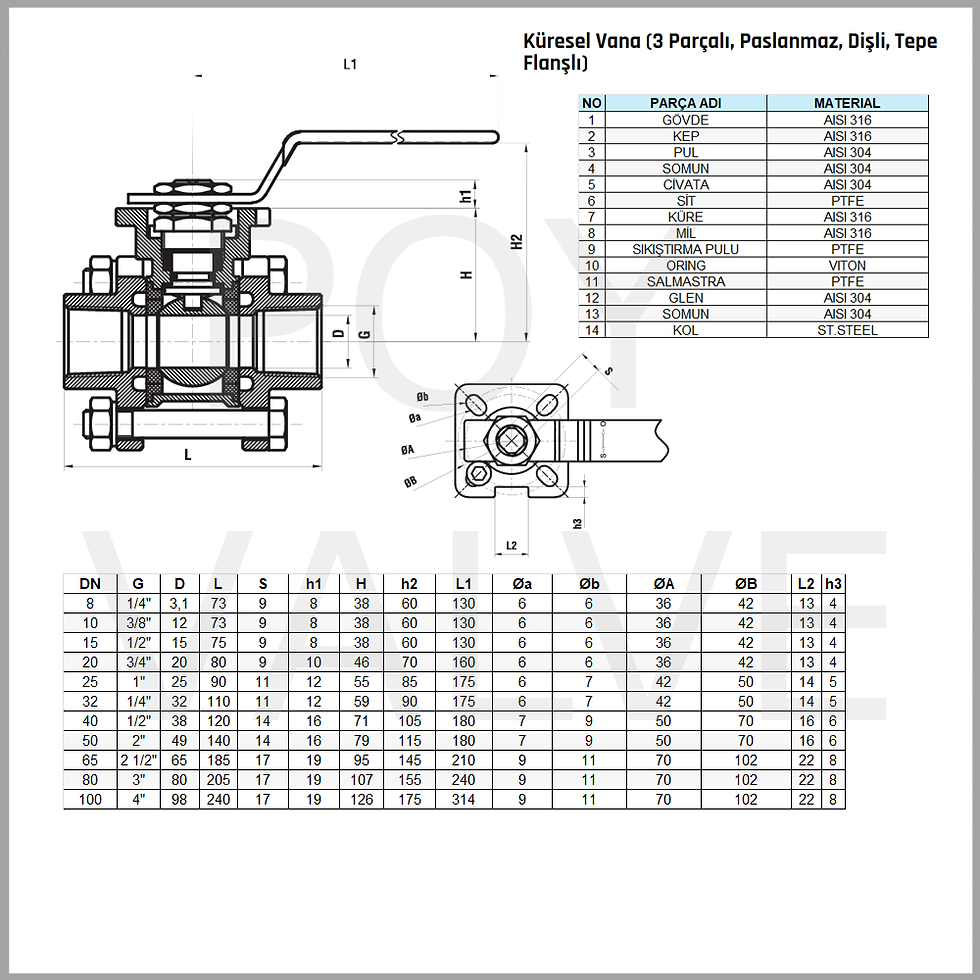 Küçük resim: 3 Parçalı Paslanmaz Küresel Vana (Dişli)