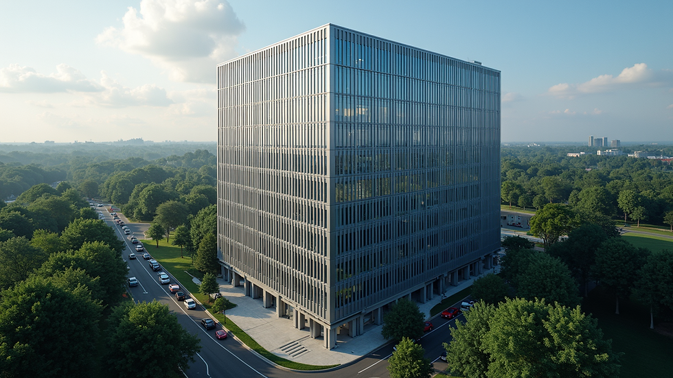 High angle view of a modern office building in McLean, Virginia, home to local cybersecurity providers