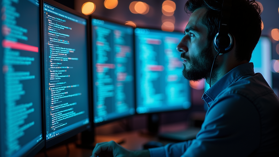 Eye-level view of a cybersecurity analyst monitoring email threat alerts on multiple screens