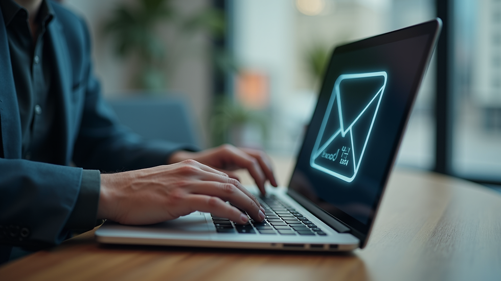 Eye-level view of a professional working on a laptop with an email inbox and shield icon on screen