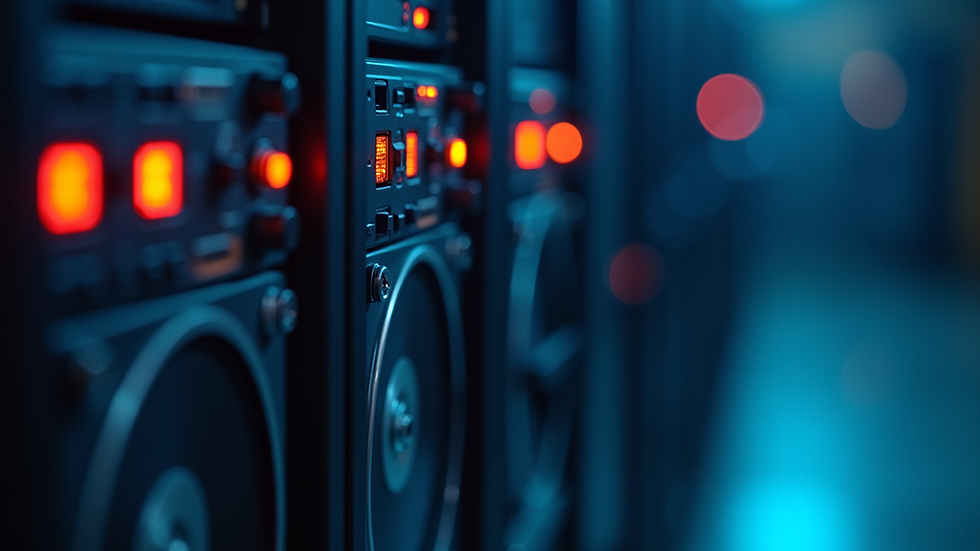 Close-up view of a backup server with blinking lights and storage drives