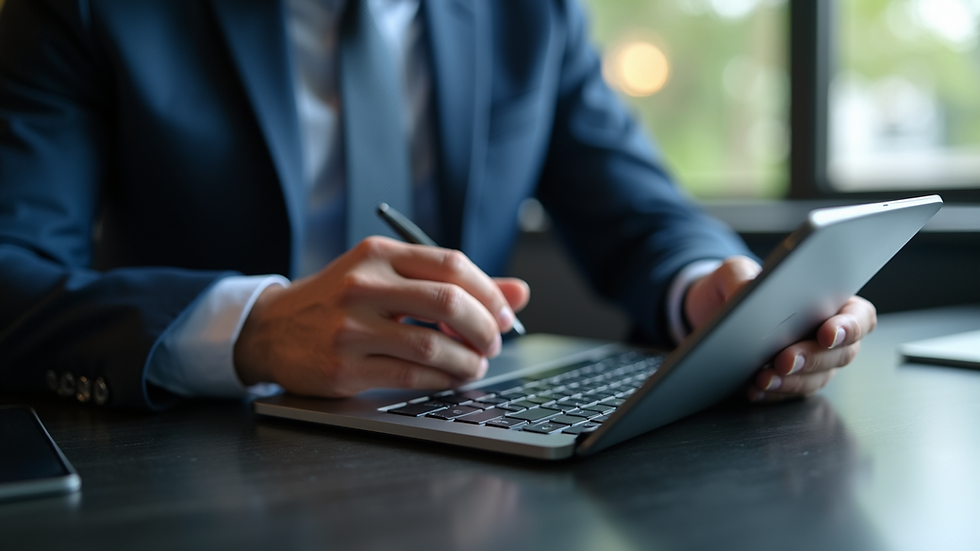 Close-up view of a business owner reviewing cybersecurity reports on a tablet