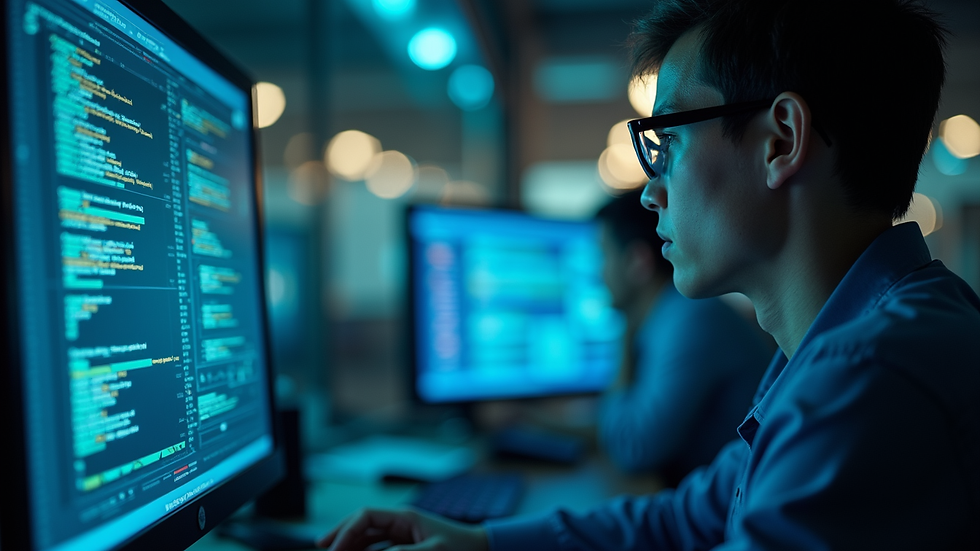 Close-up view of a cybersecurity analyst monitoring threat alerts