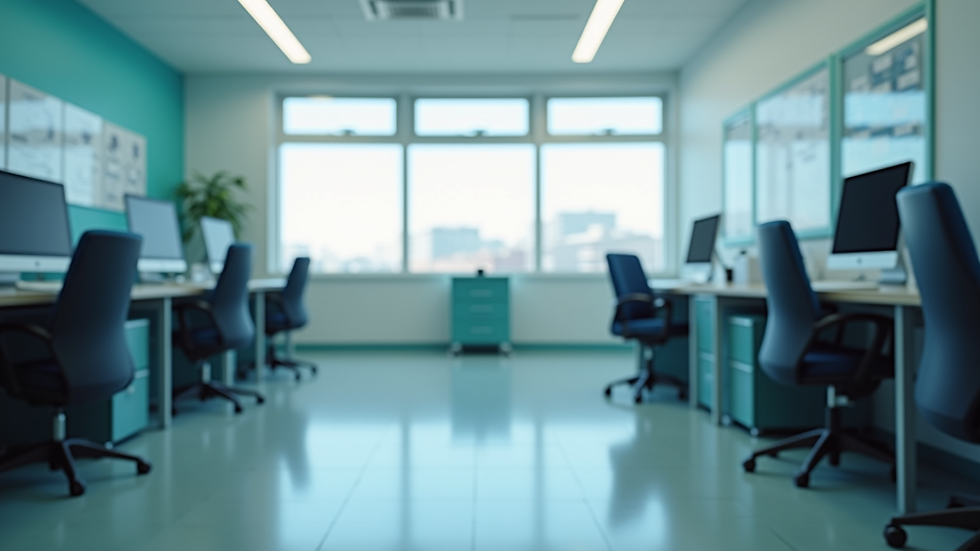 Eye-level view of a healthcare office with computers and patient files