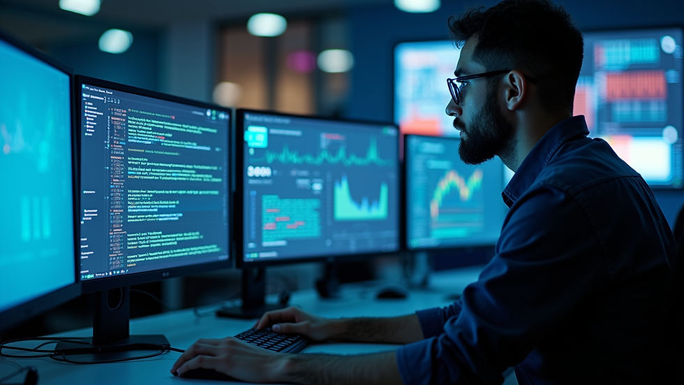 Eye-level view of a cybersecurity operations center with multiple monitors showing threat detection data