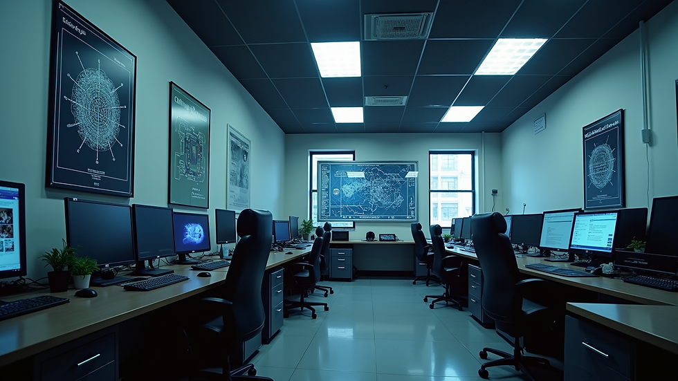 High angle view of a small business office with computers and cybersecurity posters